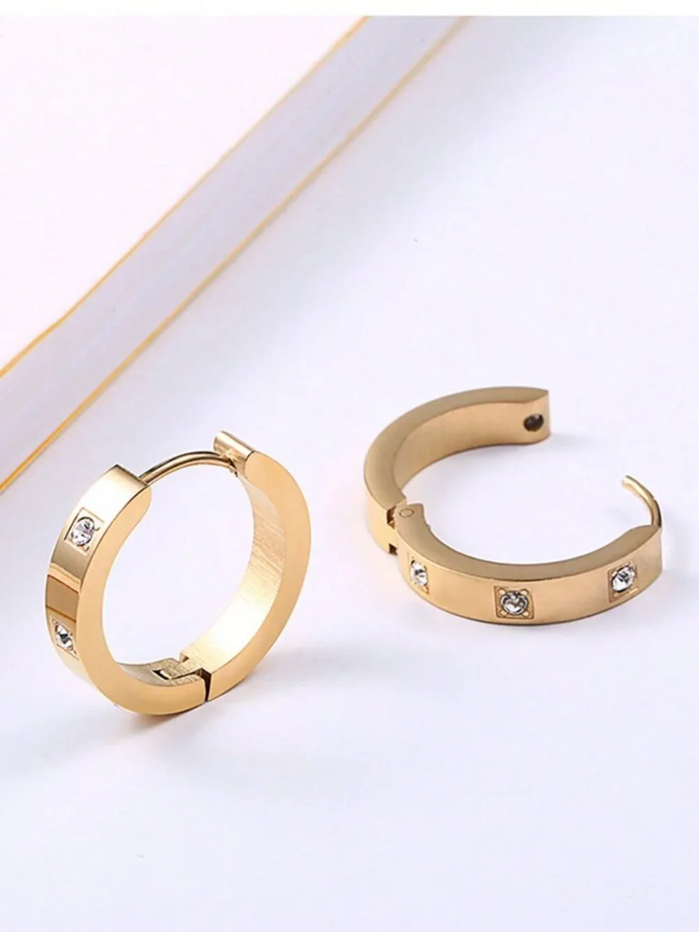 Gold Women's Exquisite Stainless Steel Cubic Zirconia Decor Hoop Earrings